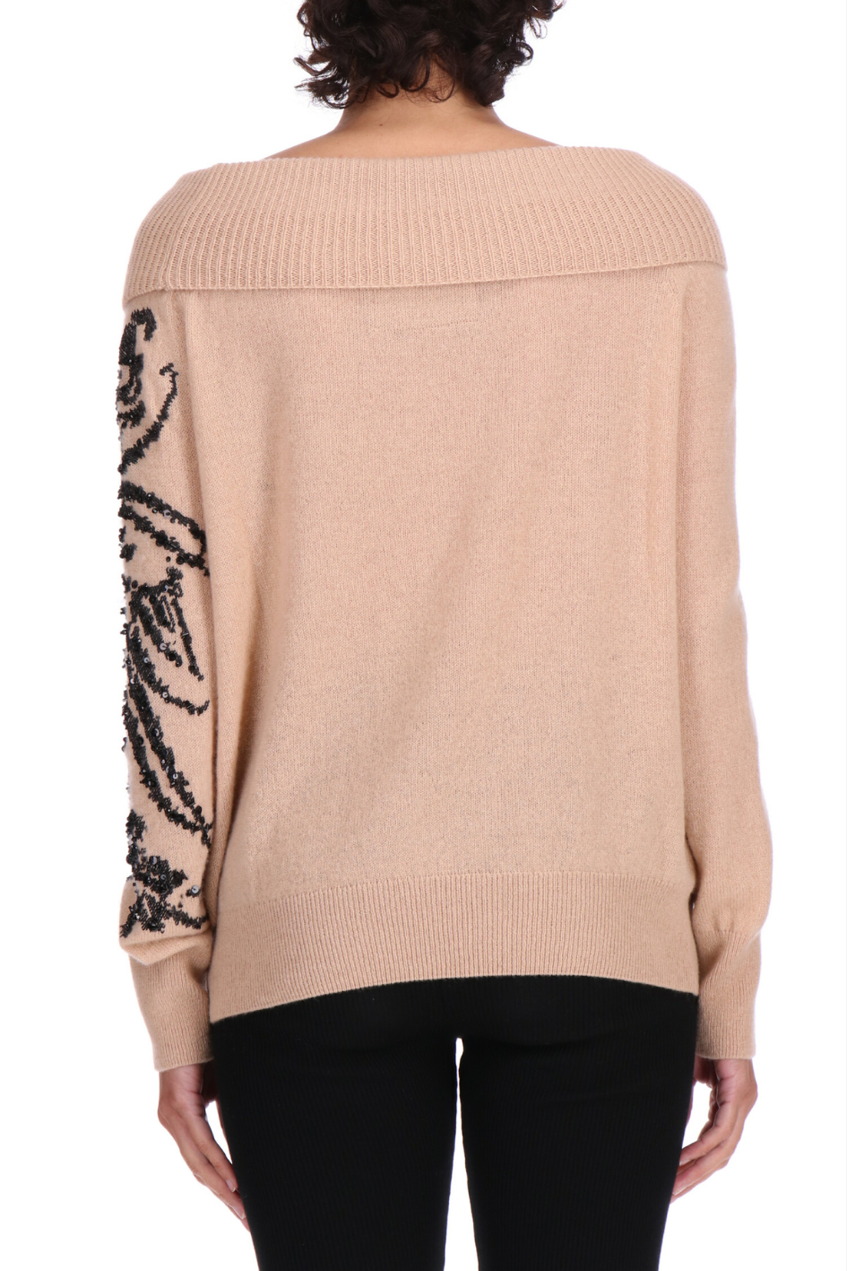 Cashmere Sweater with Embellished Sleeve and Boat Neck