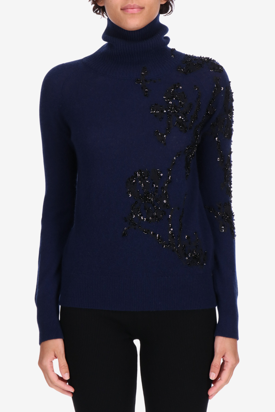 Cashmere Turtleneck Sweater with Beaded Floral Embroidery