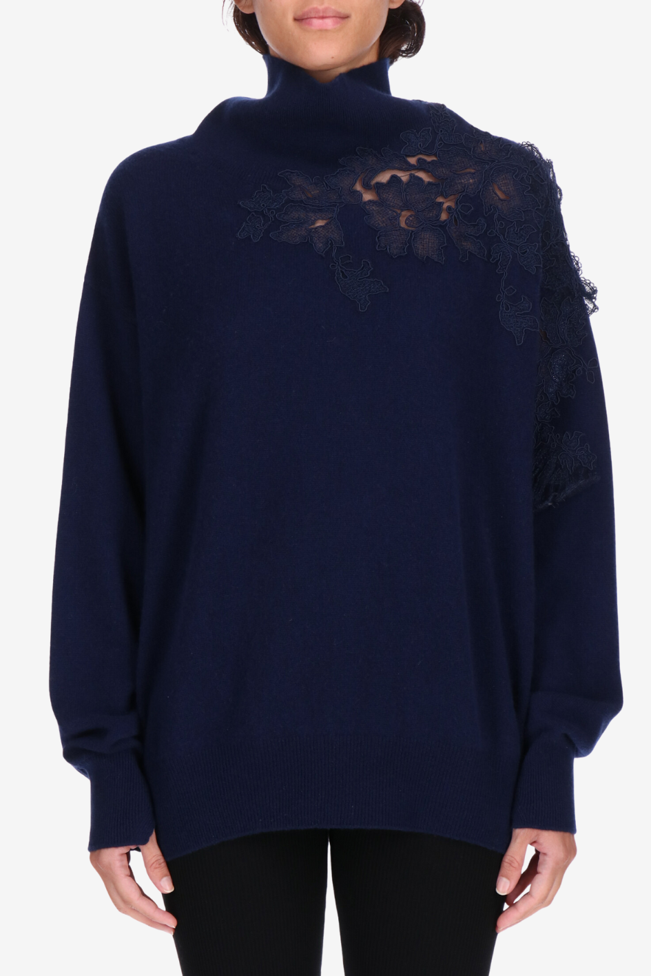 Cashmere Turtleneck Sweater with Sheer Floral Appliqué
