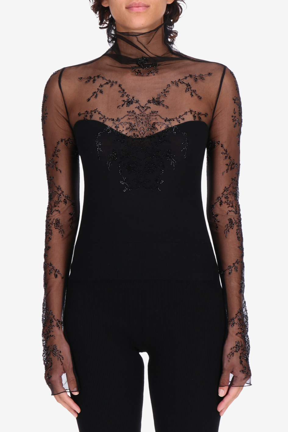 Merino Wool Top with Sheer Embroidered Tulle
