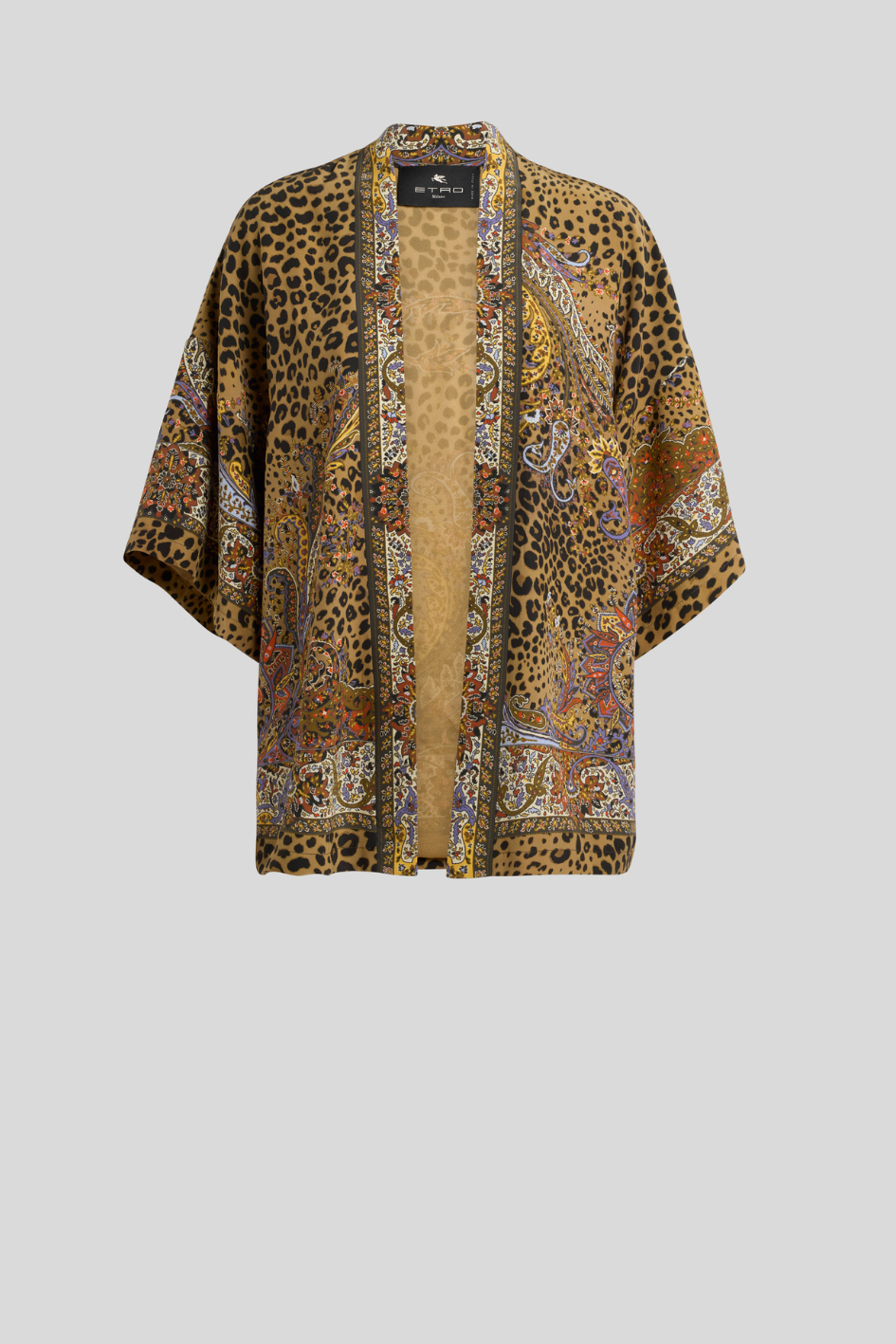 Leopard Print Kimono Jacket with Paisley Border Details