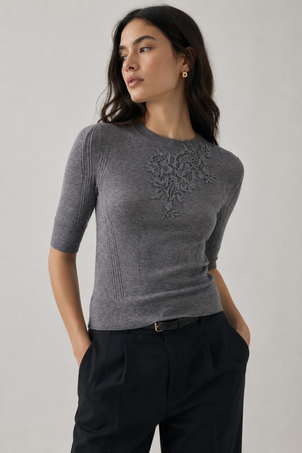 Knit Top with Floral Lace Detail on Collar
