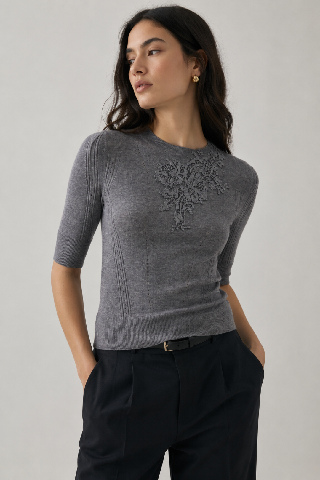 Knit Top with Floral Lace Detail on Collar
