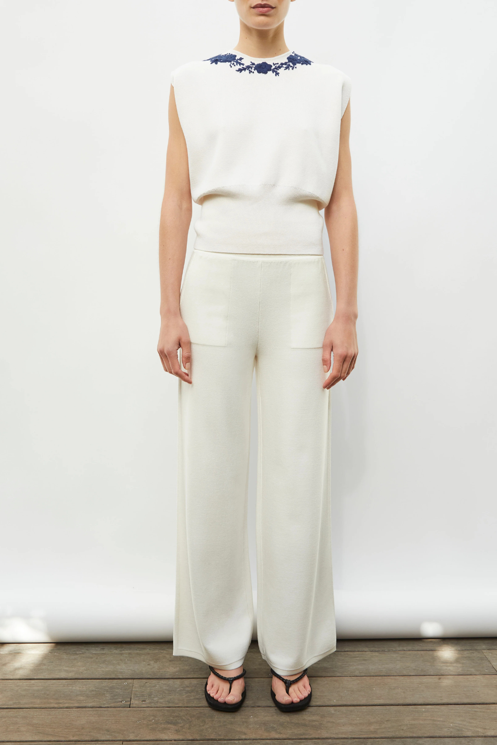 Fusain Knit Top with Hand-Embroidered Details