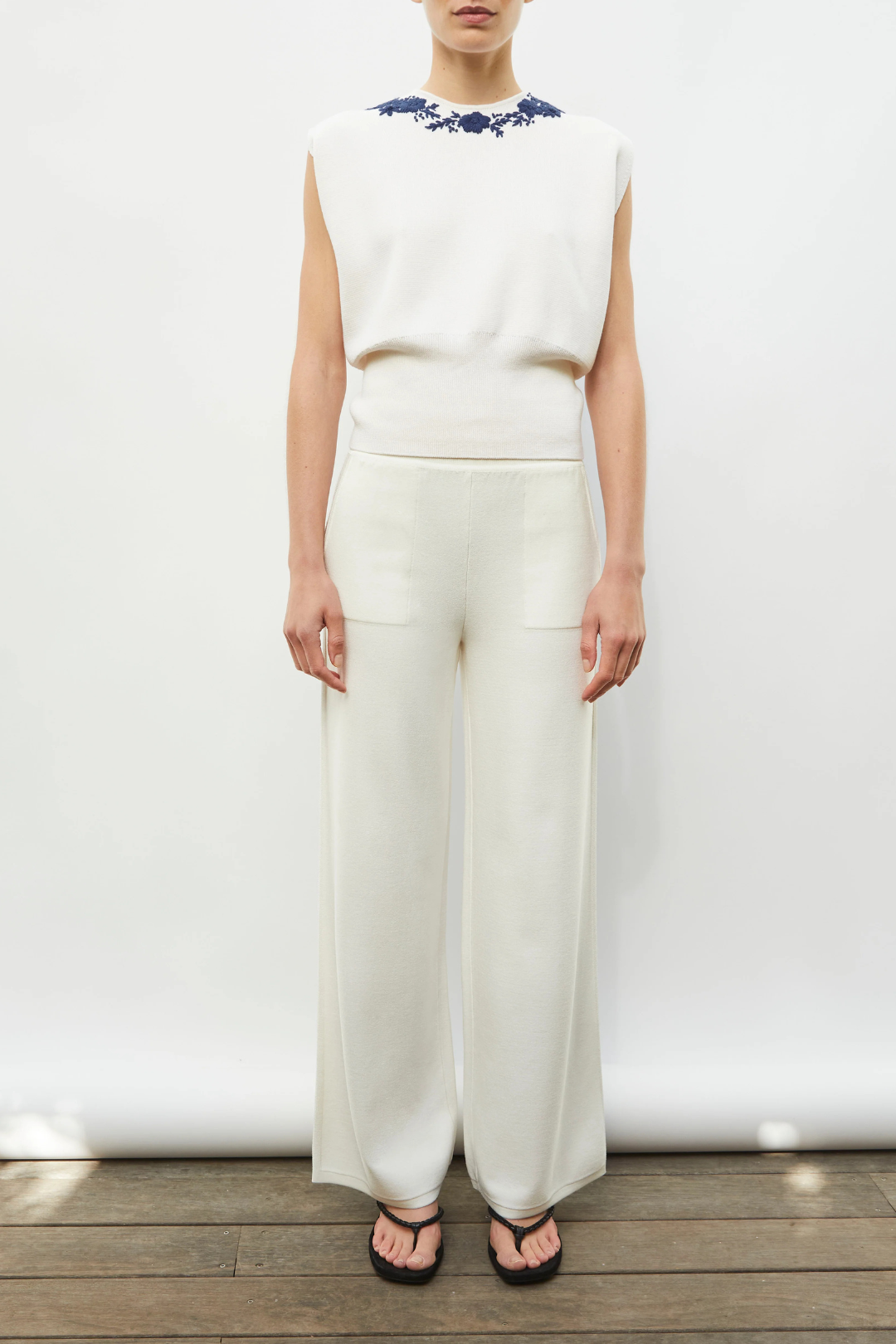 Fusain Knit Top with Hand-Embroidered Details