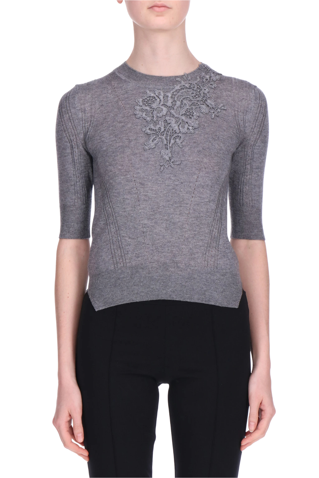 Knit Top with Floral Lace Detail on Collar