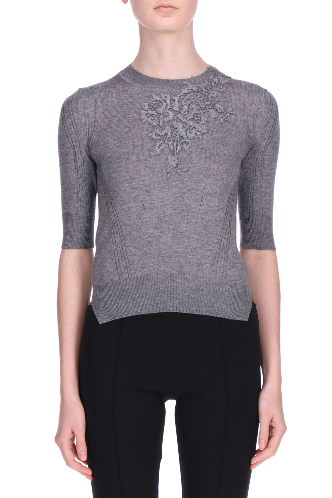 Knit Top with Floral Lace Detail on Collar