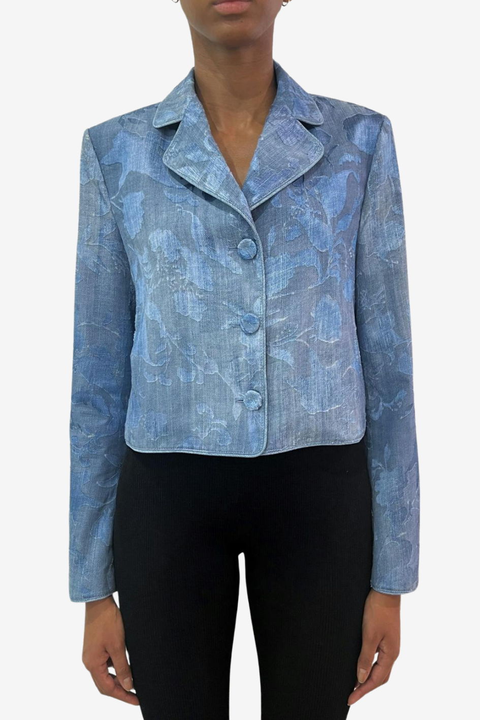 Cropped Denim Blazer with Floral Jacquard
