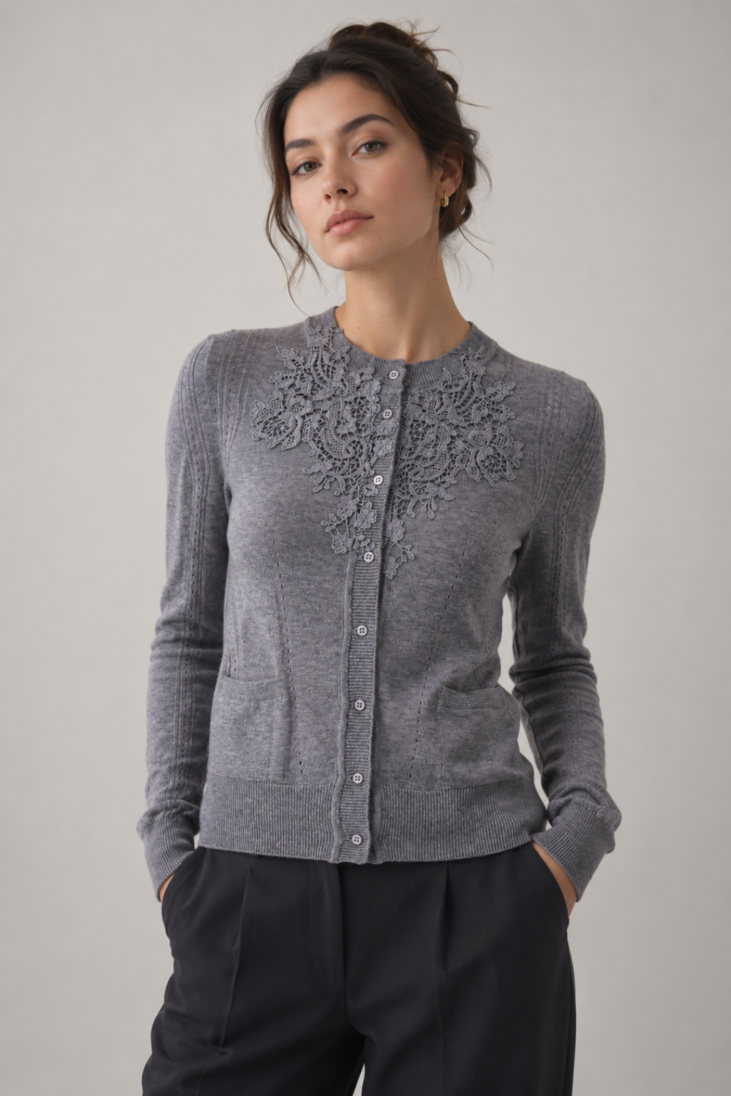 Knit Cardigan with Floral Lace Appliqué