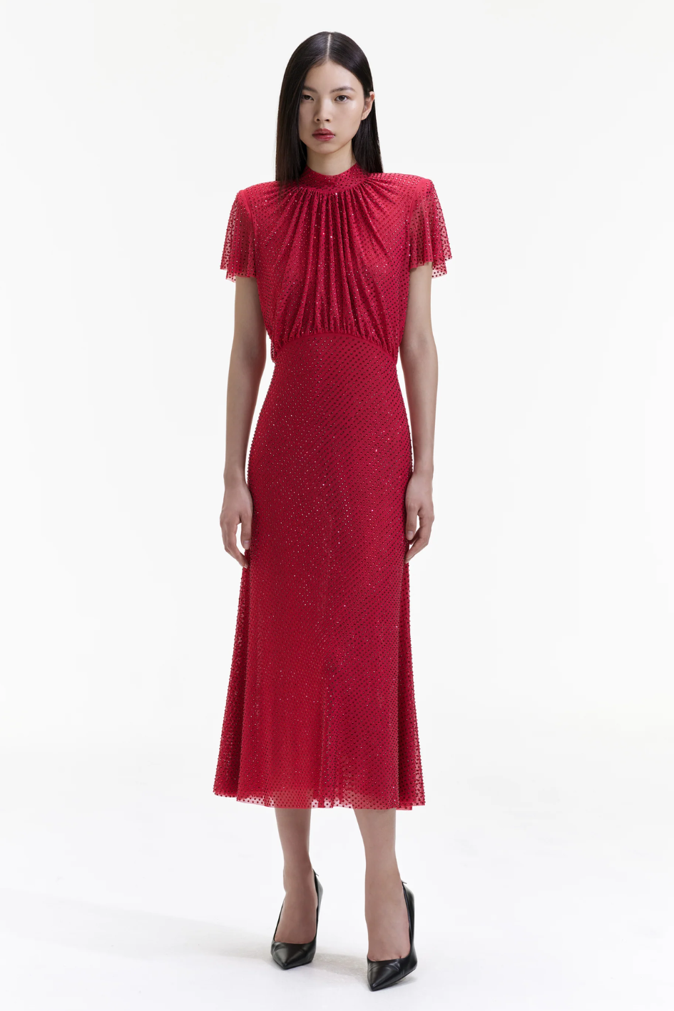 Red Rhinestone Mesh Midi Dress