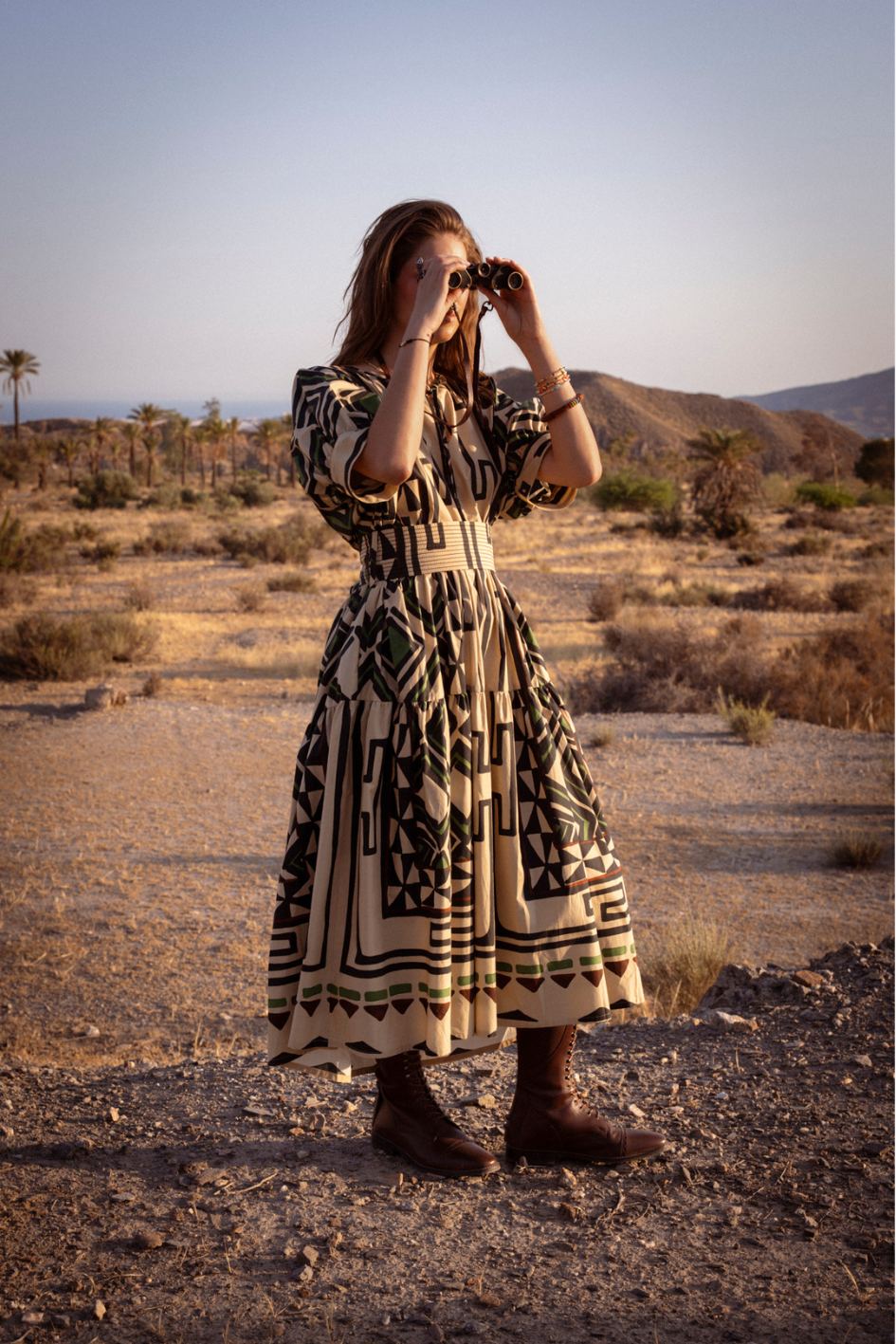 Printed long Cotton Dress with Belt