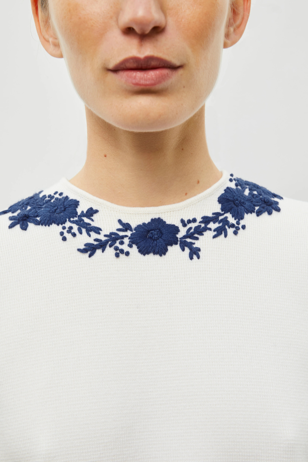 Fusain Knit Top with Hand-Embroidered Details