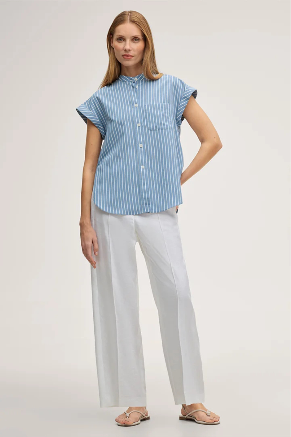 Viscosemix short-sleeve Shirt in light blue and ecru Stripes