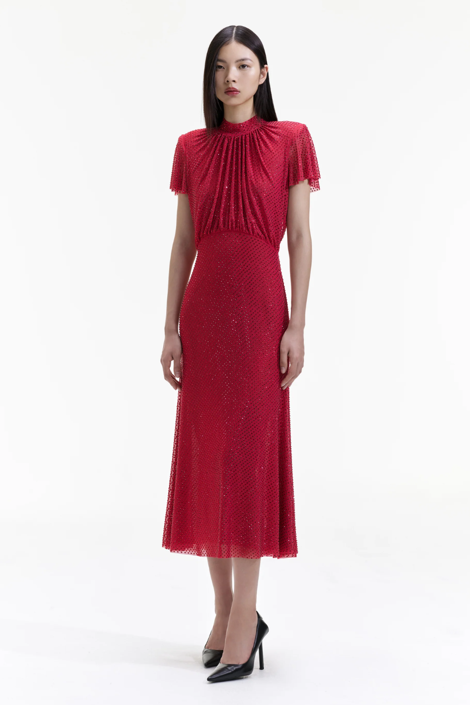 Red Rhinestone Mesh Midi Dress