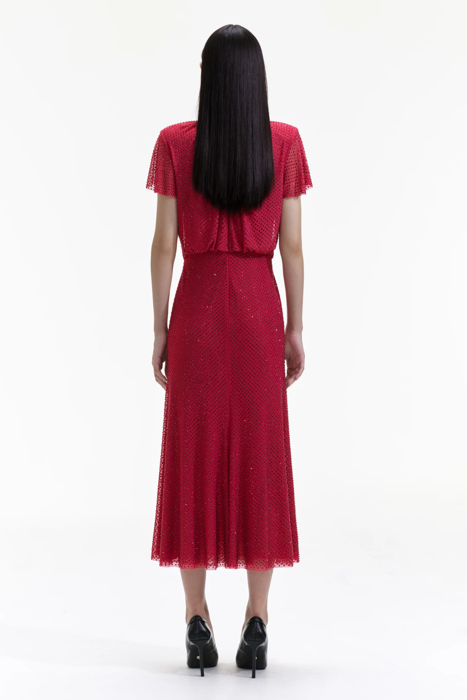 Red Rhinestone Mesh Midi Dress