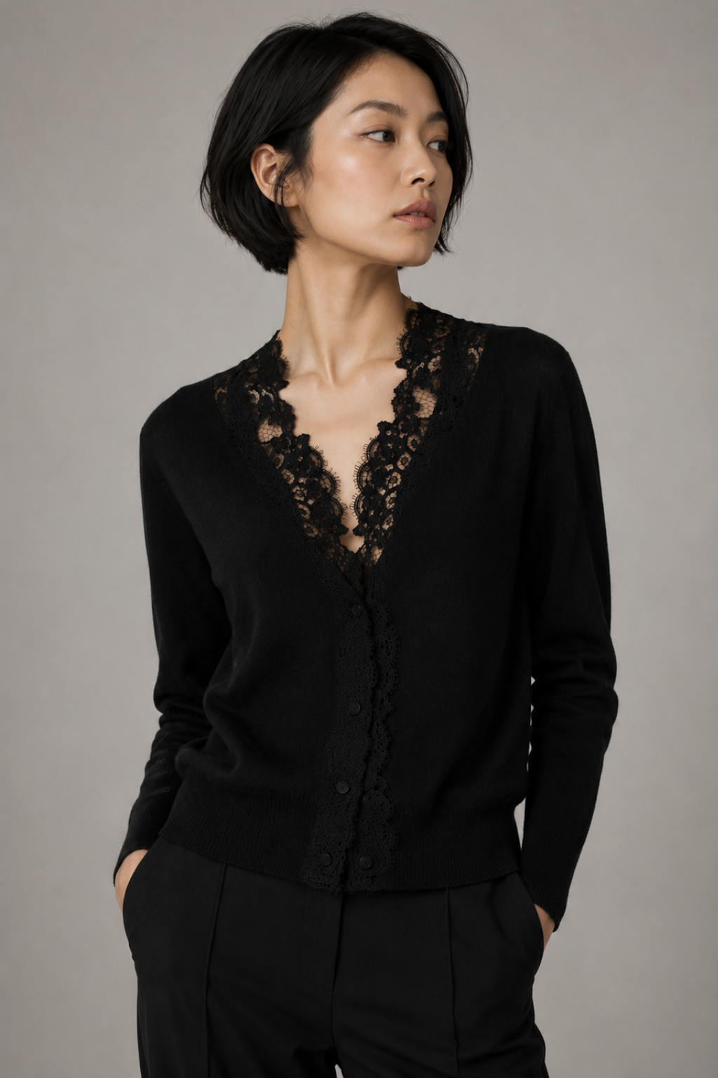 Lace Trim Cashmere Cardigan