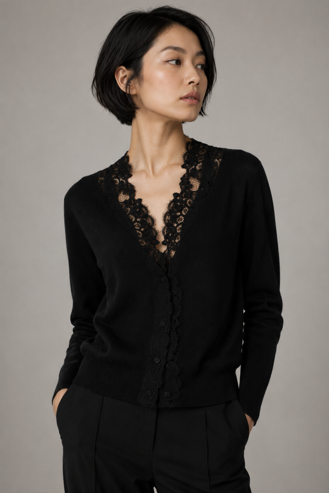 Lace Trim Cashmere Cardigan