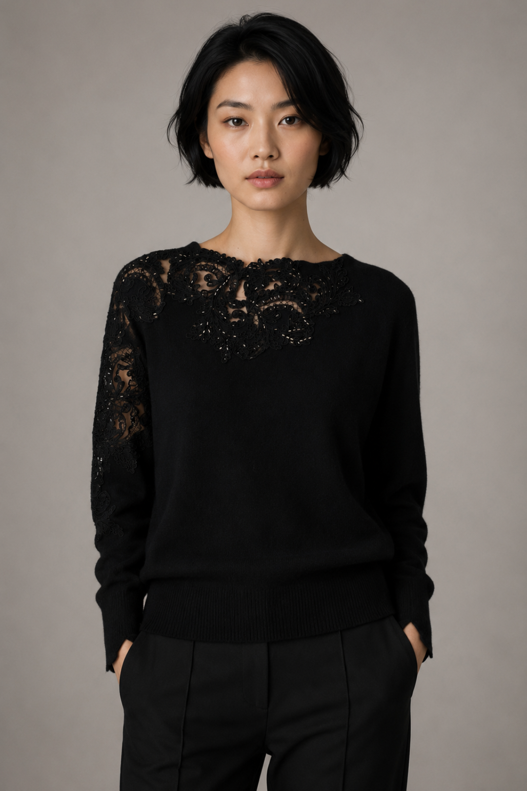 Lace Appliqué Cashmere Sweater