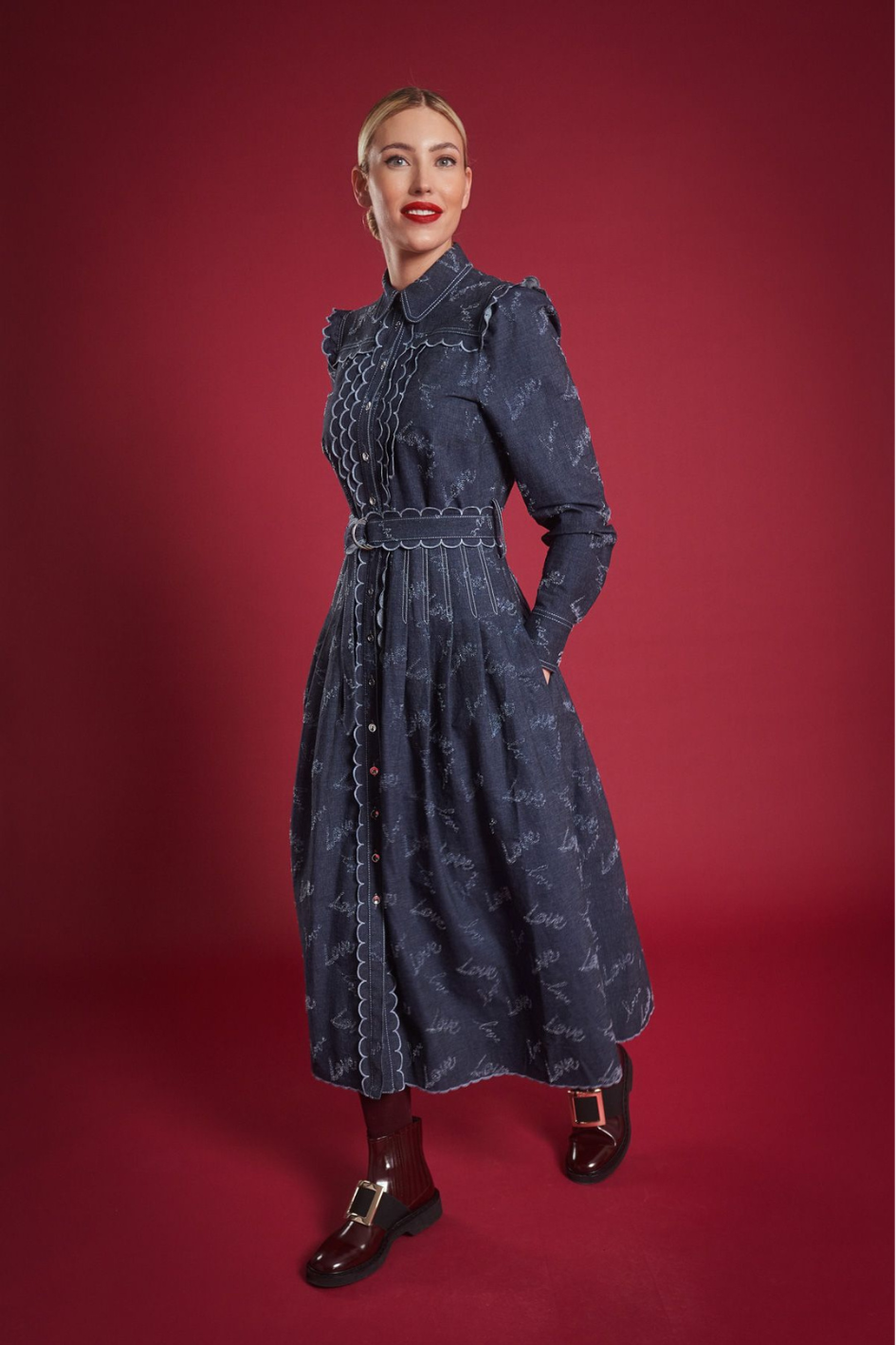 Embroidered Denim Dress with a Belt