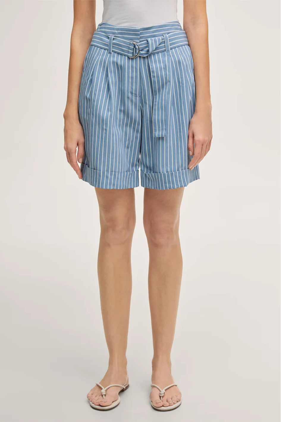 Viscosemix Shorts with a Belt in light blue and ecru Stripes