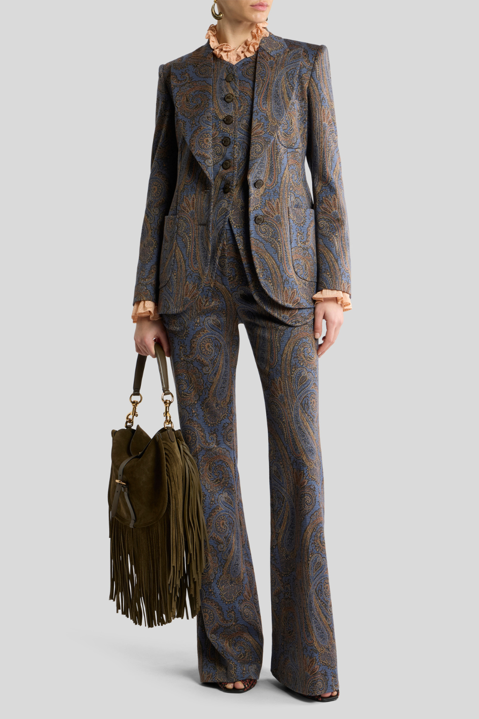 Blue Paisley Wide-Leg Tailored Trousers