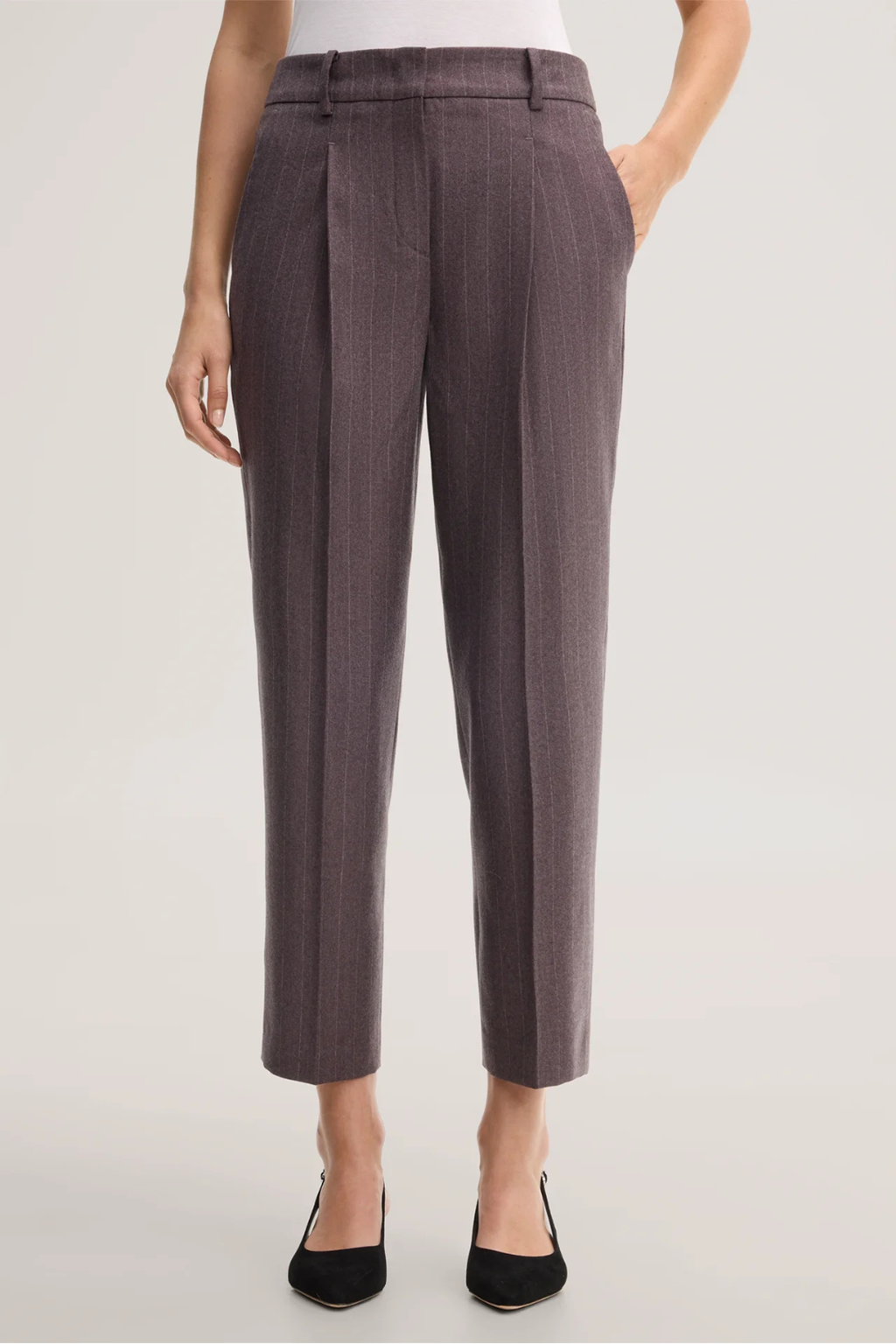 Brown Pinstripe Virgin Wool Flannel Tailored Trousers