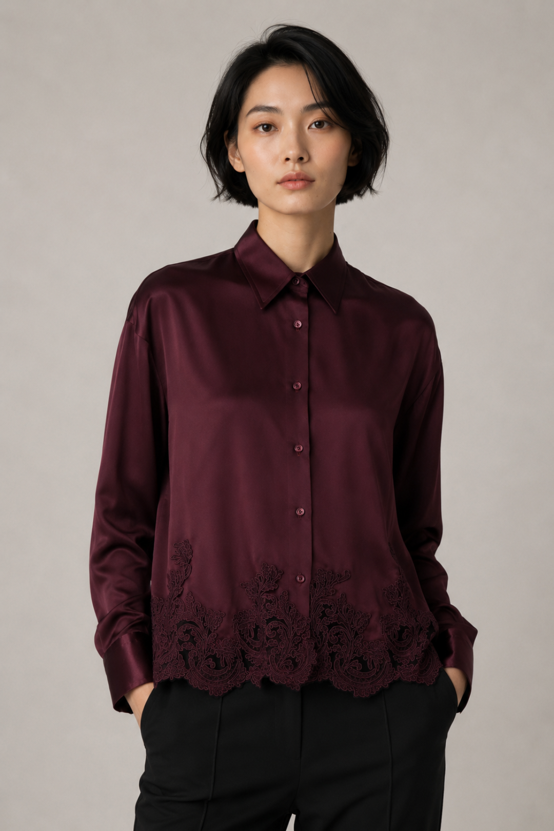 Silk Satin Blouse with Embroidered Hem