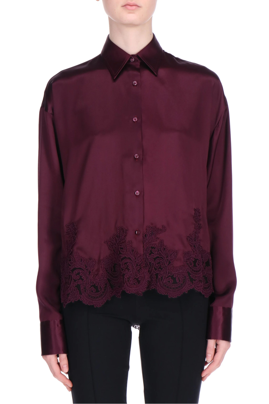 Silk Satin Blouse with Embroidered Hem