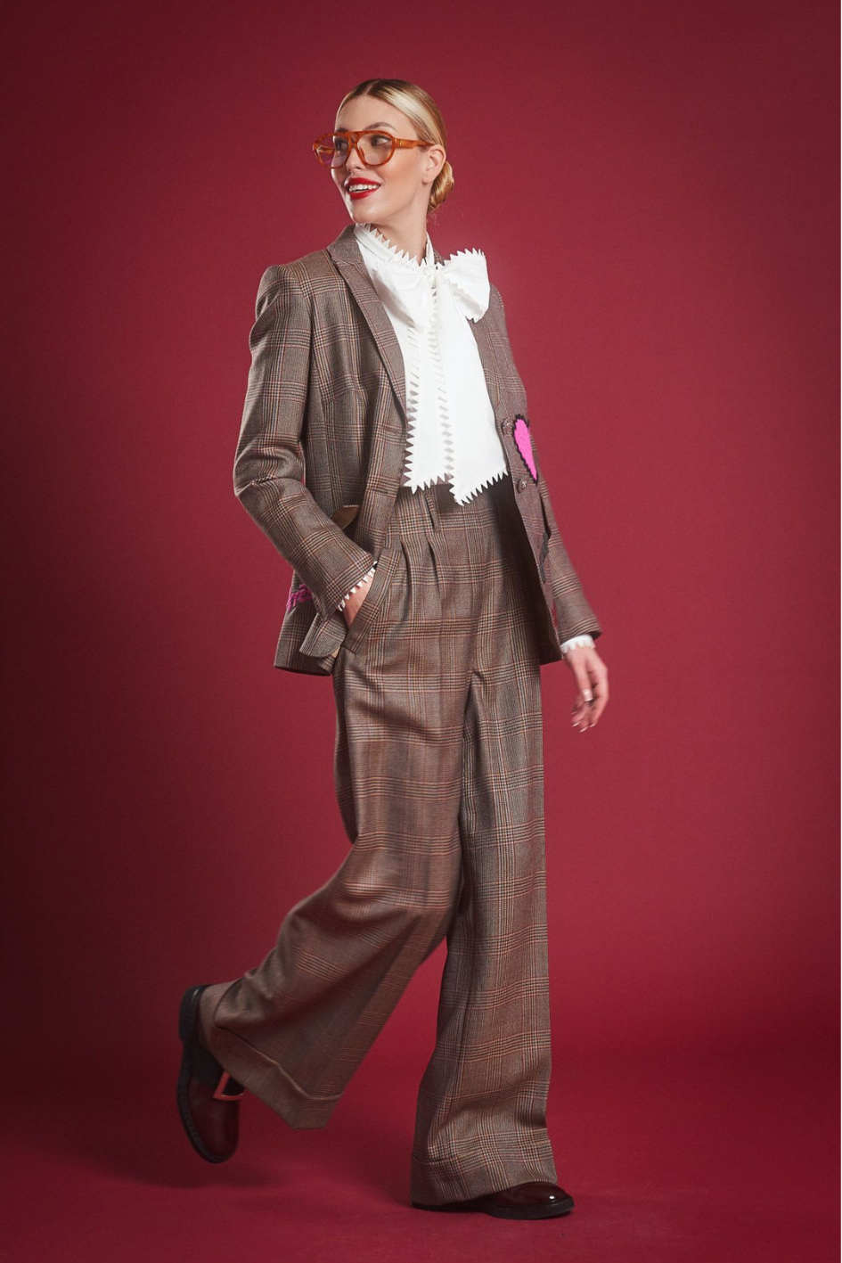 Wide-leg Plaid Pants with Cuffs