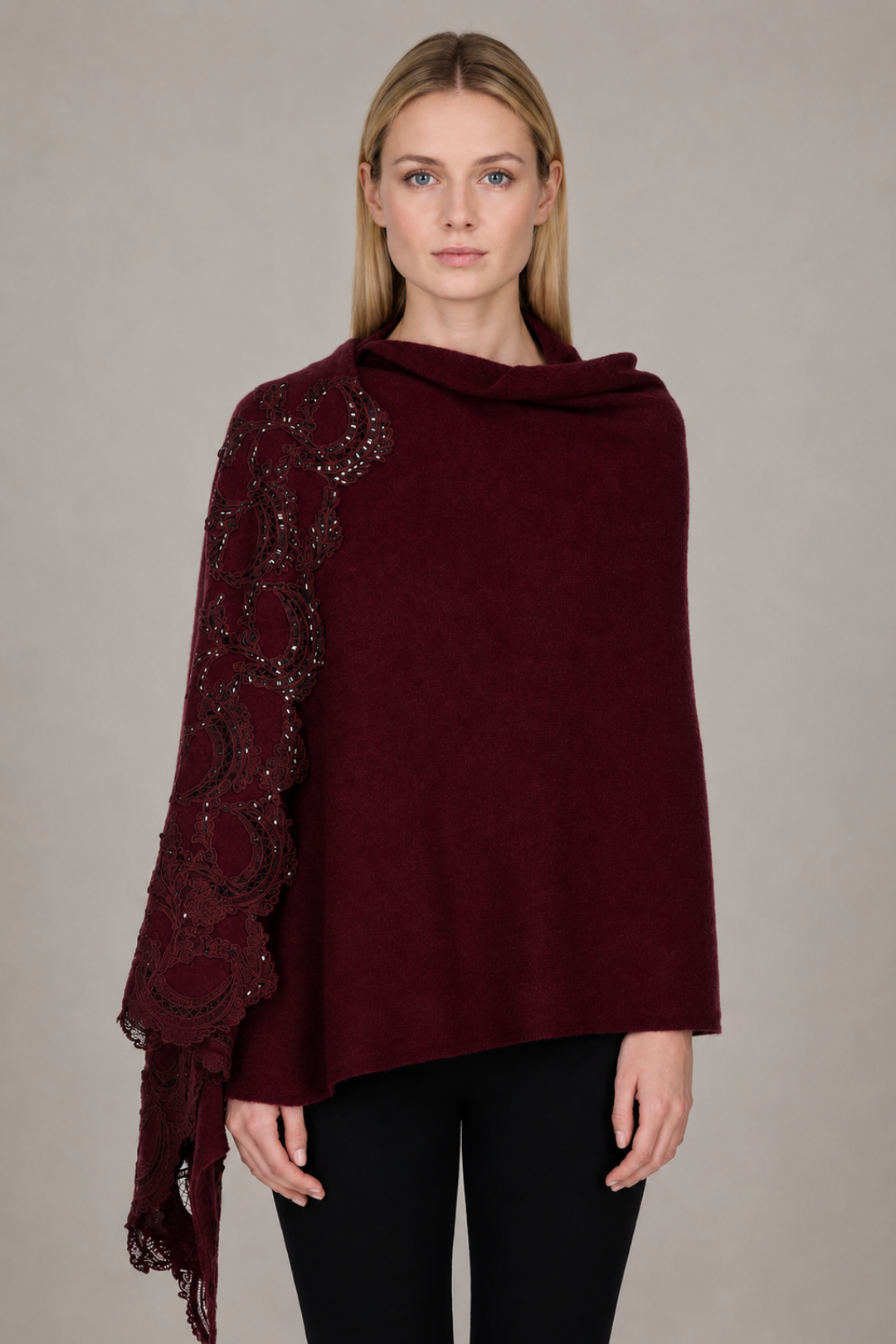 Cashmere Poncho with Lace Detail