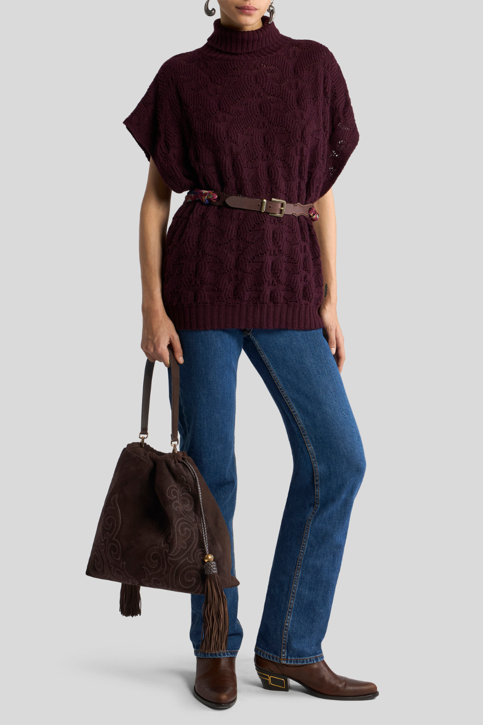 Burgundy Cable Knit Turtleneck Sweater
