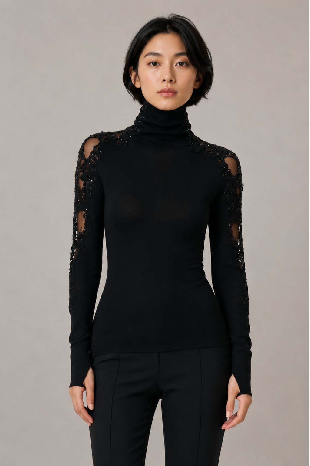 Lace Appliqué Turtleneck Sweater