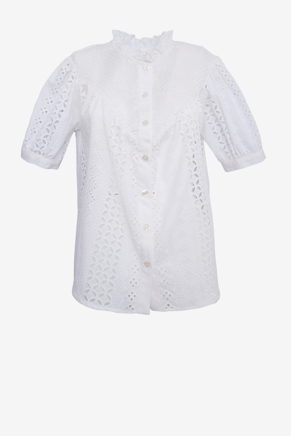Blouse with Eyelet Embroidery and Stand-Up Collar