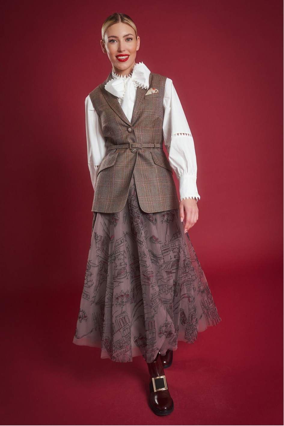 Glen Check Vest with Belt