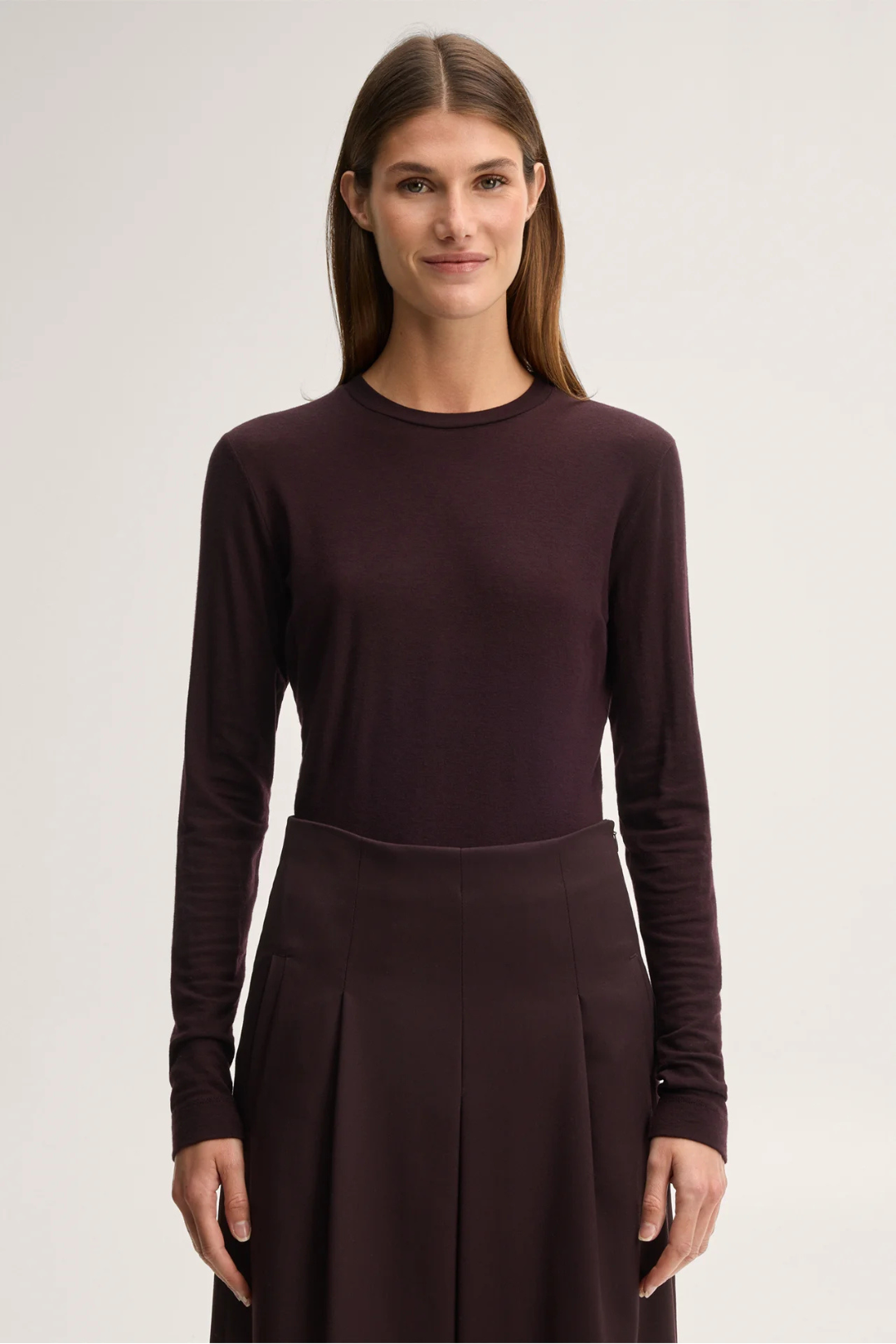 Dark Red Wool Stretch Long-Sleeve Top