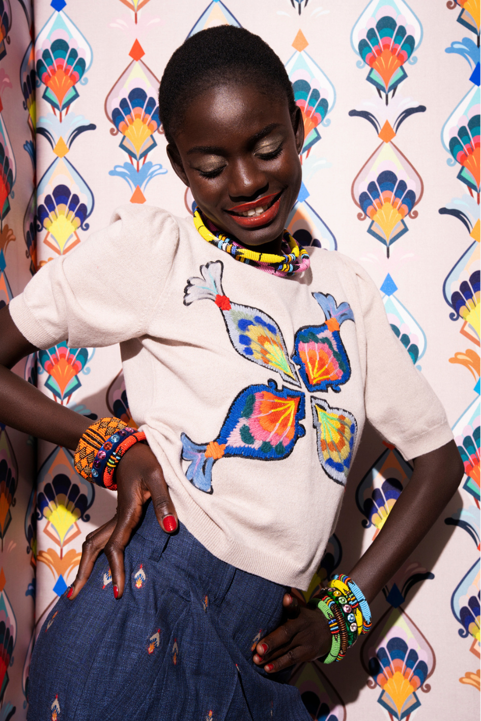 Embroidered Short-Sleeve Knit Sweater