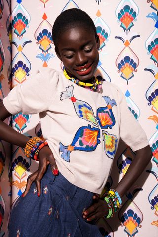 Embroidered Short-Sleeve Knit Sweater