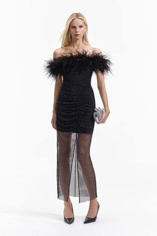 Black Rhinestone Feather Midi Dress