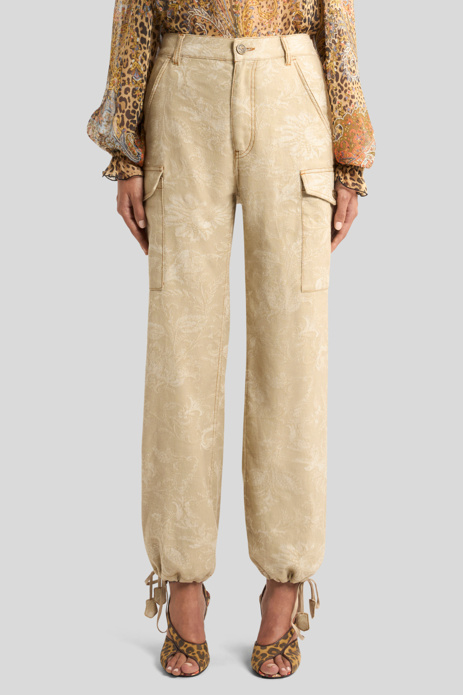 Floral Jacquard Cargo Trousers with Drawstring Hem
