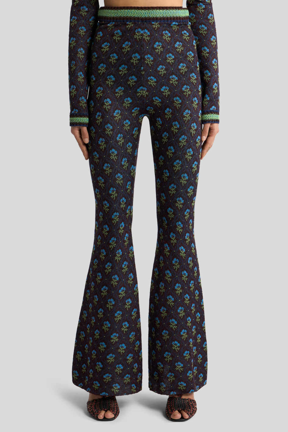 Floral Knit Flared Pants in Midnight Blue