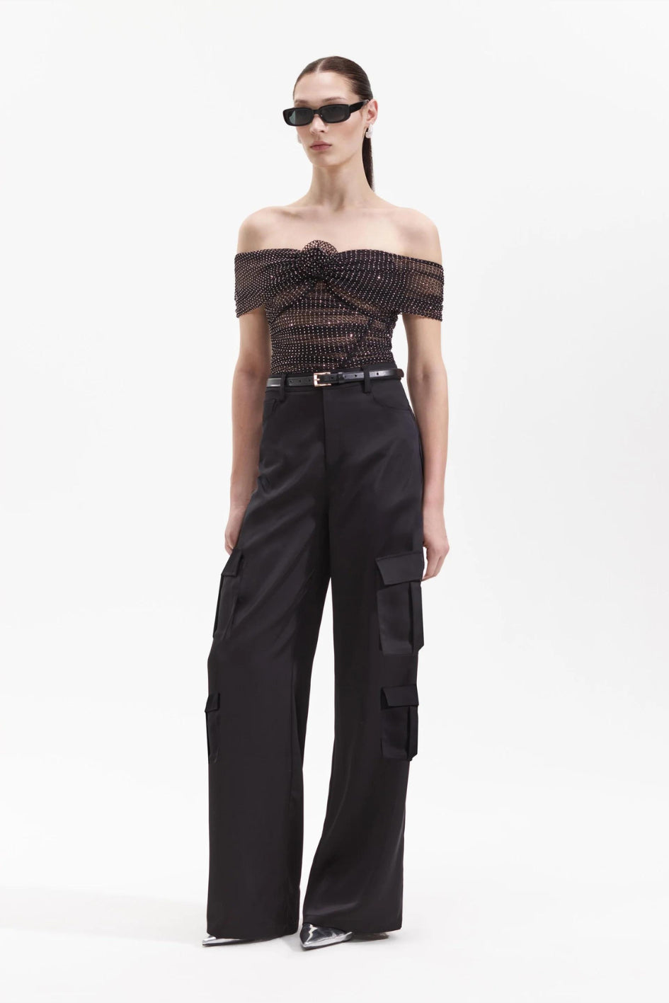 Black Satin Cargo Trouser