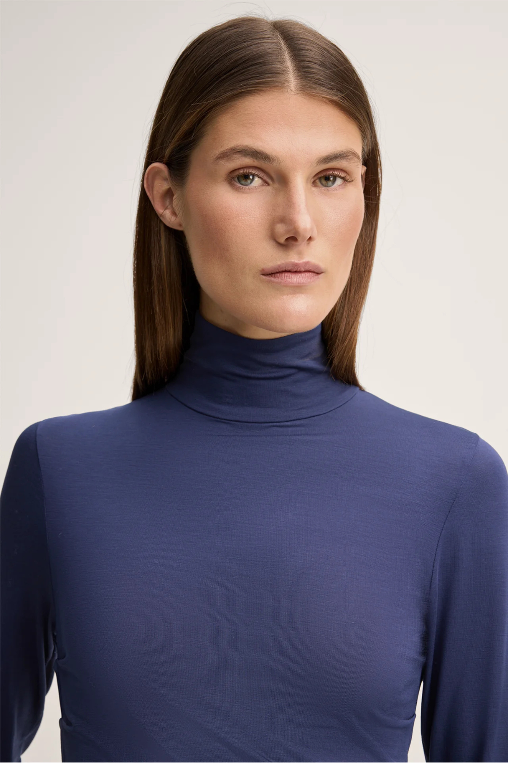 Dark Blue Lyocell Stretch Mock Neck Top