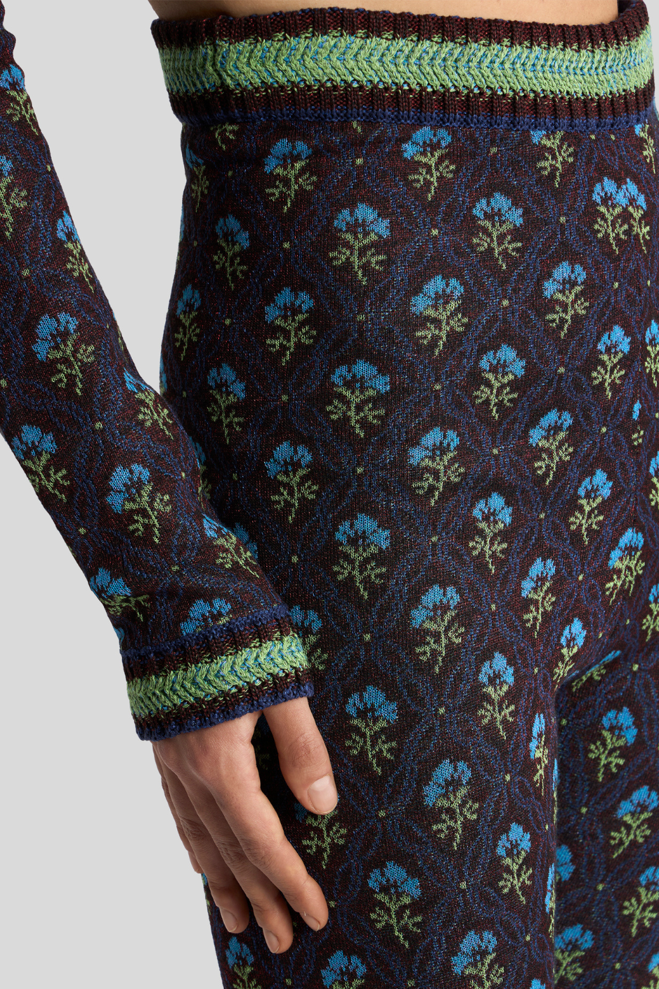 Floral Knit Flared Pants in Midnight Blue