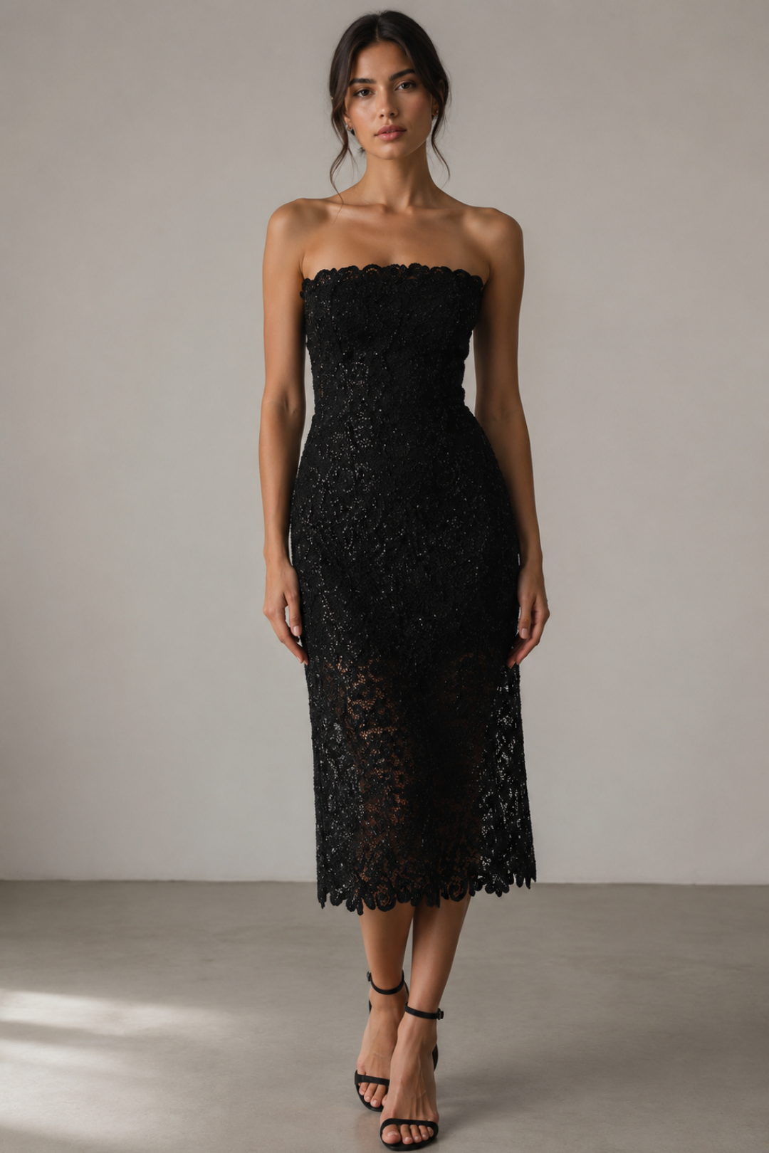 Strapless Embellished Lace Midi Dress