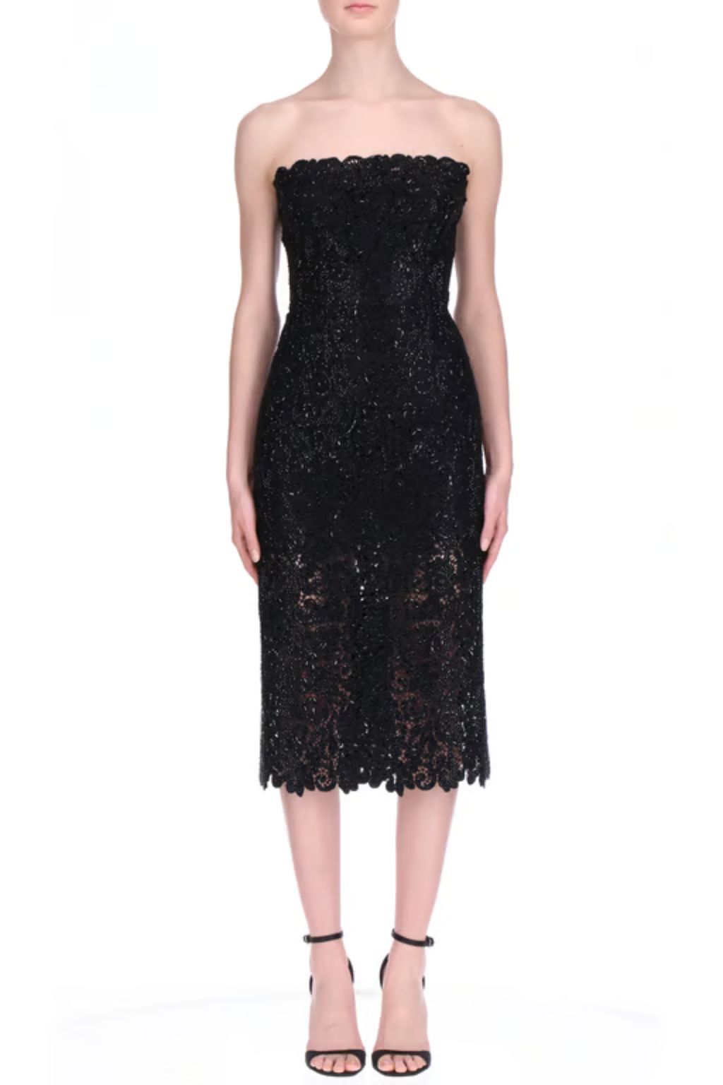 Strapless Embellished Lace Midi Dress