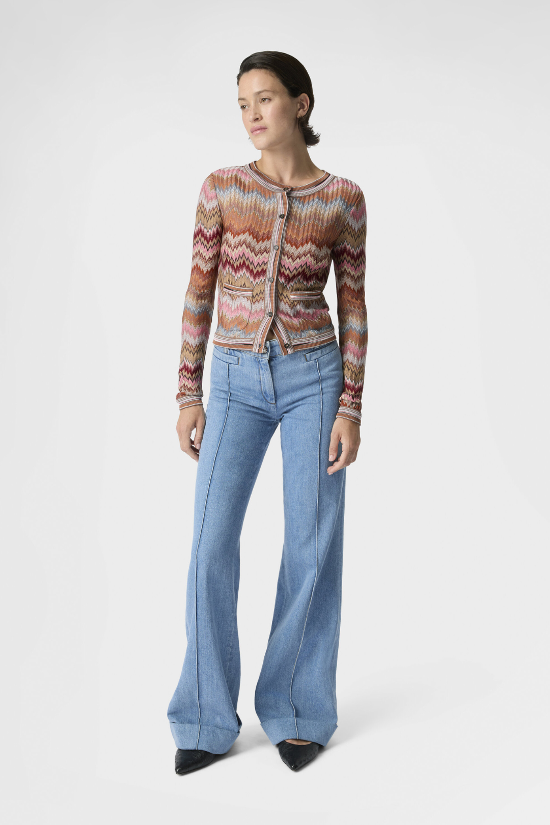 Viscose Cardigan with Herringbone and Snake Motif and Patch Pockets