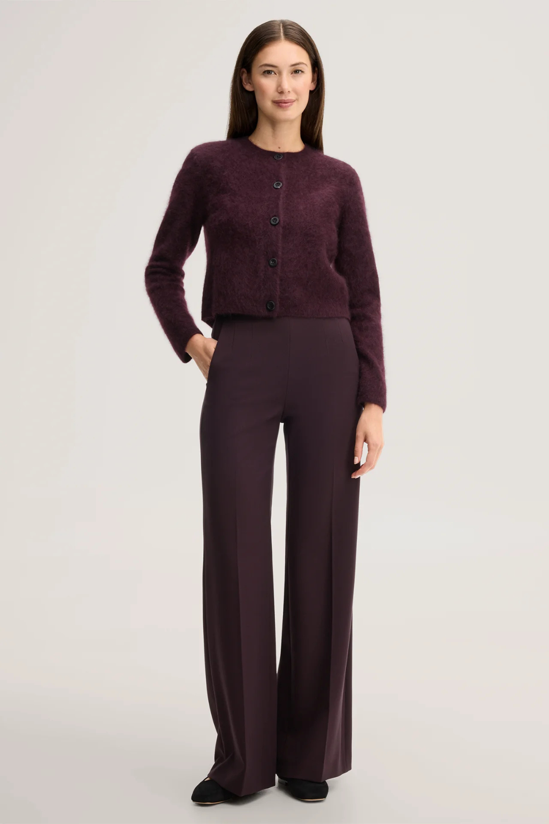 Dark Red Brushed Cashmere Crew Neck Cardigan