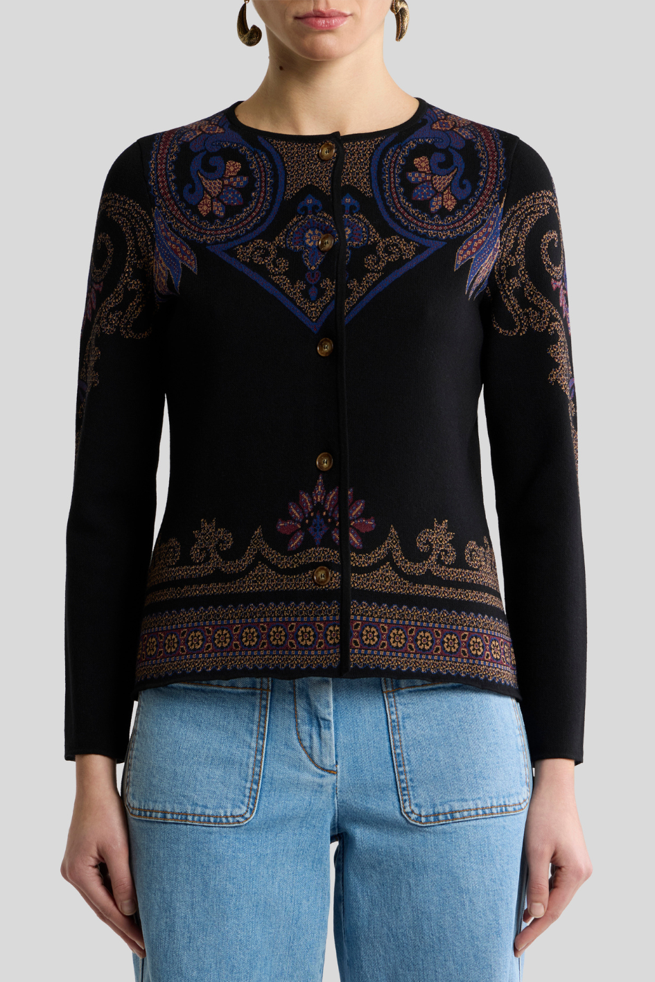Black Ornamental Knit Cardigan with Paisley Pattern