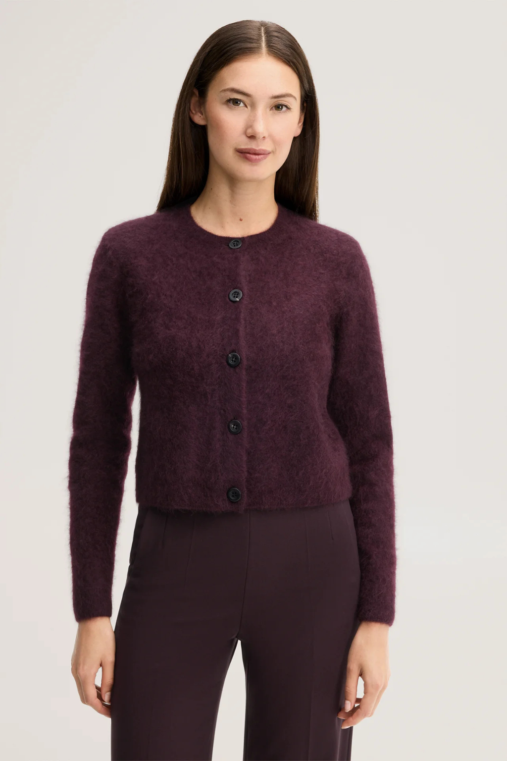 Dark Red Brushed Cashmere Crew Neck Cardigan