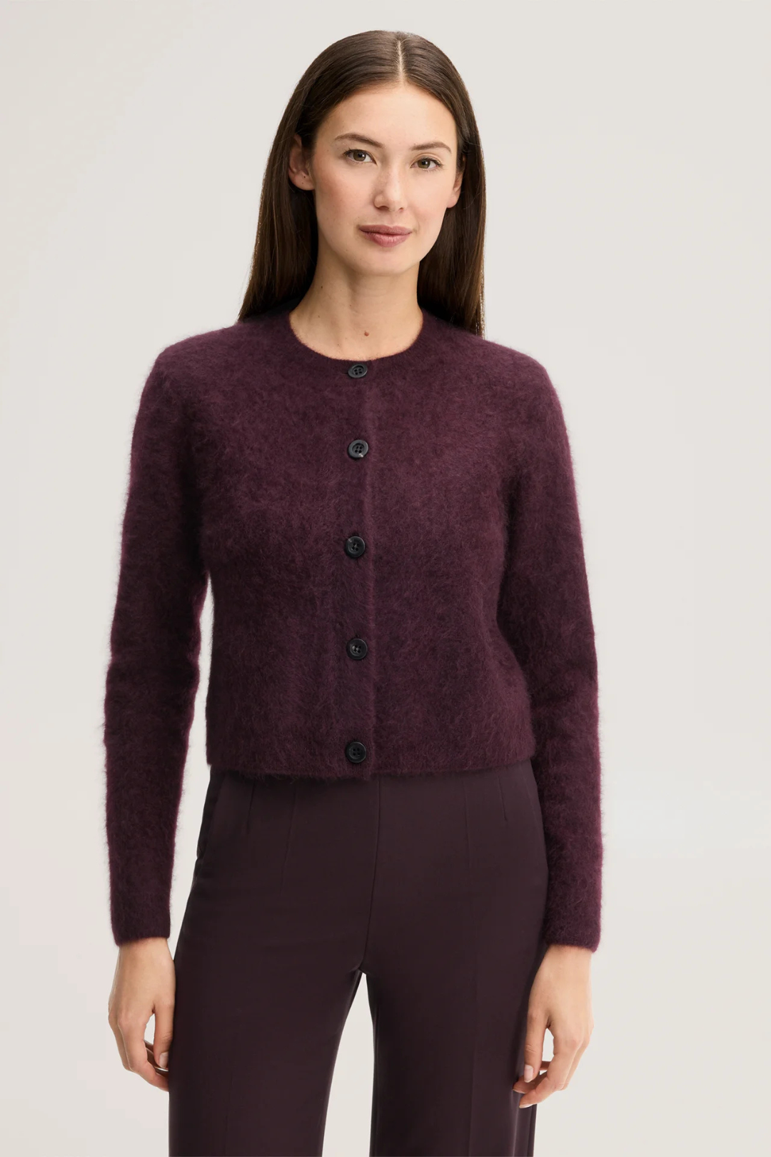 Dark Red Brushed Cashmere Crew Neck Cardigan